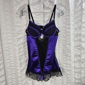 Never Naked Purple Satin and Black Mesh Lace Chemise Adjustable Straps
